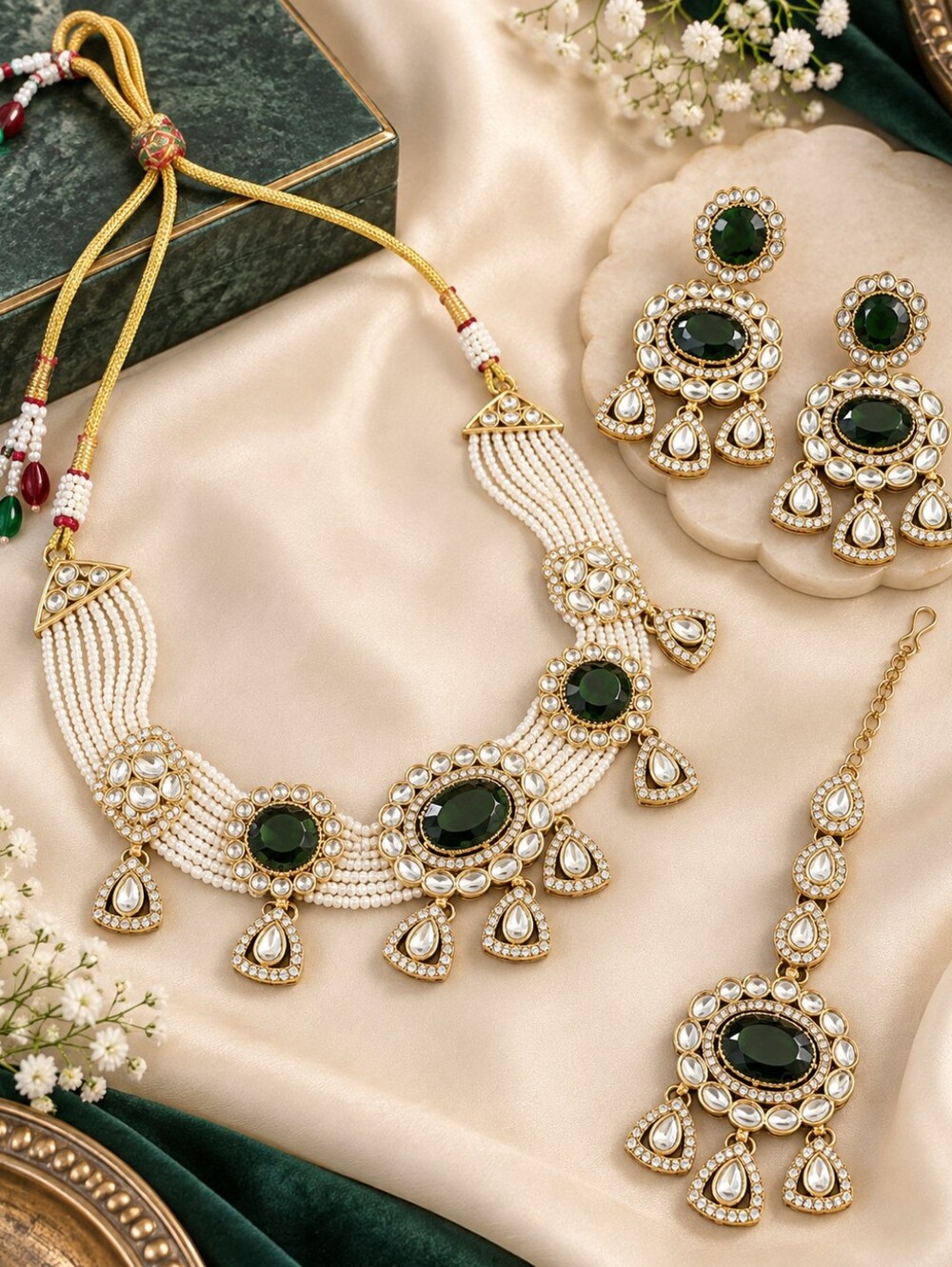 Emerald Green Pearl Polki Choker Set with Earrings & Maang Tikka